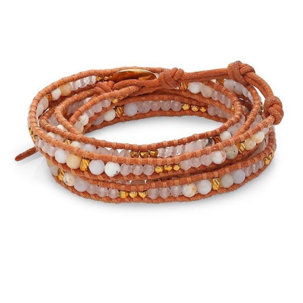 Chan Luu women’s White Opal, White Jade & Leather Beaded Wrap Bracelet Brown
